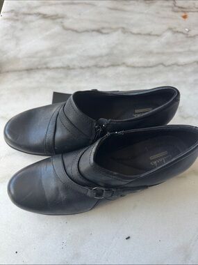 Clarks Black Leather Slip-On Loafers with Side Buckle Detail